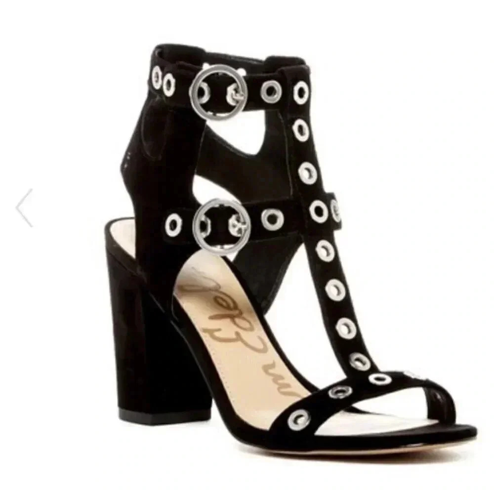 Sam Edelman Eyda T-Strap Studded Black Suede Cage Sandal Size 7.5 M